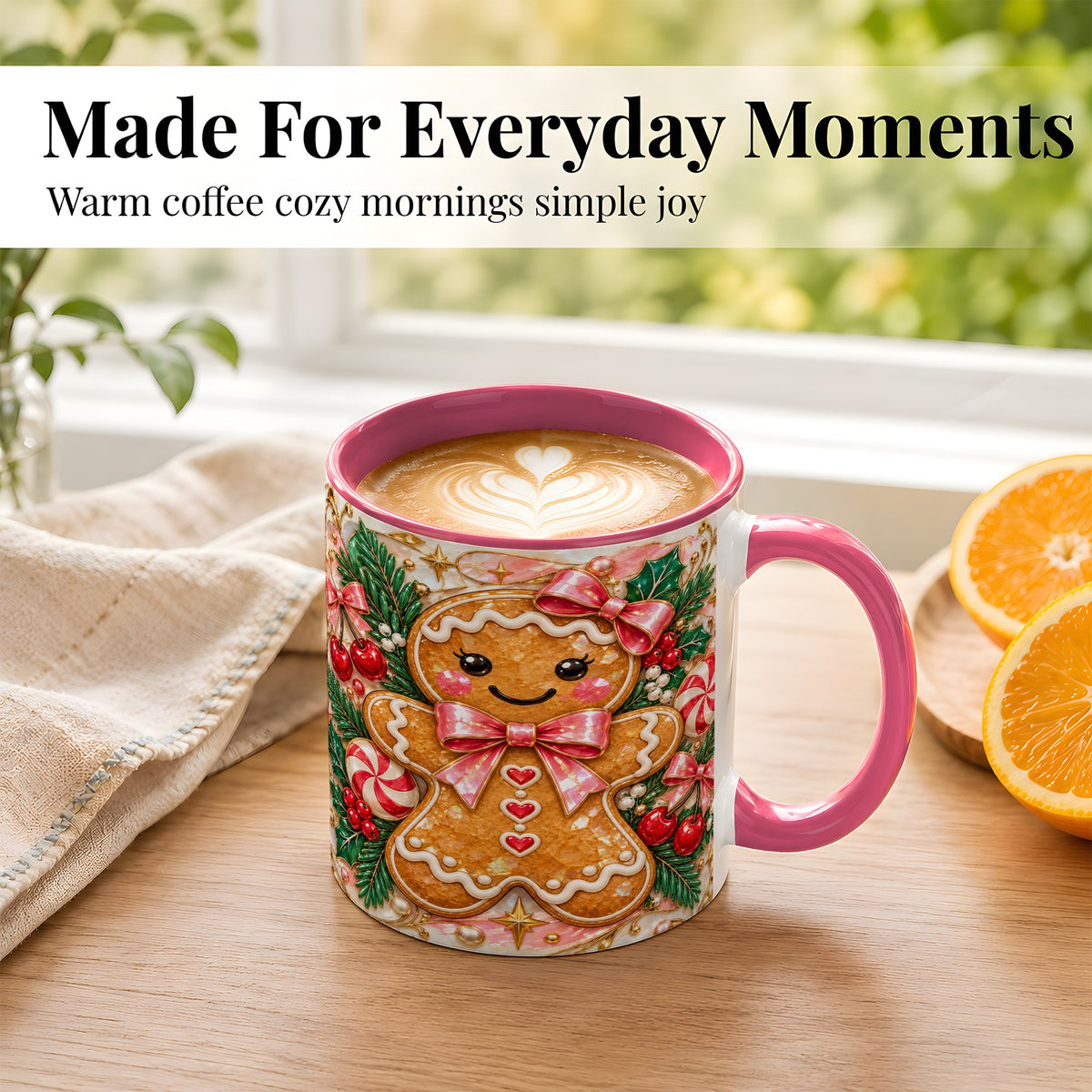 #pl[11oz|Pink] Gingerbread Christmas Coffee Mug, Pink Bow Mug, Ceramic Cup