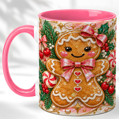 #pl[11oz|Pink] Gingerbread Christmas Coffee Mug, Pink Bow Mug, Ceramic Cup