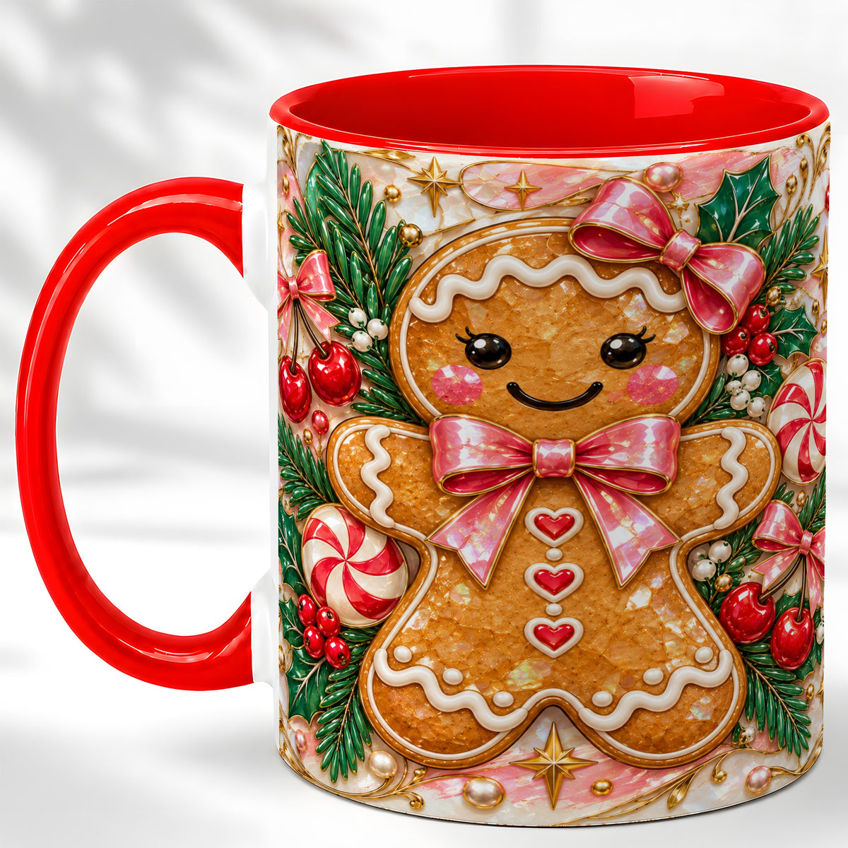 Gingerbread Christmas Coffee Mug, Pink Bow Mug, Ceramic Cup