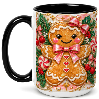 #pl[15oz|Black] Gingerbread Christmas Coffee Mug, Pink Bow Mug, Ceramic Cup