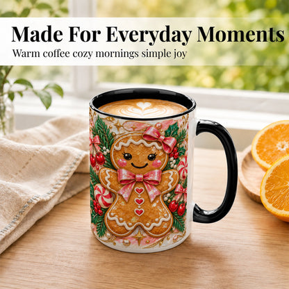 #pl[15oz|Black] Gingerbread Christmas Coffee Mug, Pink Bow Mug, Ceramic Cup