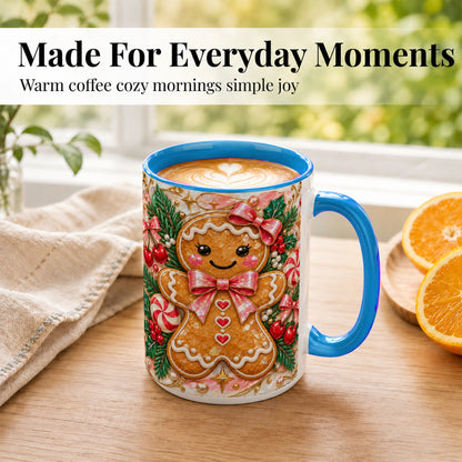 #pl[15oz|Blue] Gingerbread Christmas Coffee Mug, Pink Bow Mug, Ceramic Cup