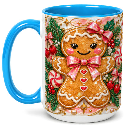 #pl[15oz|Blue] Gingerbread Christmas Coffee Mug, Pink Bow Mug, Ceramic Cup