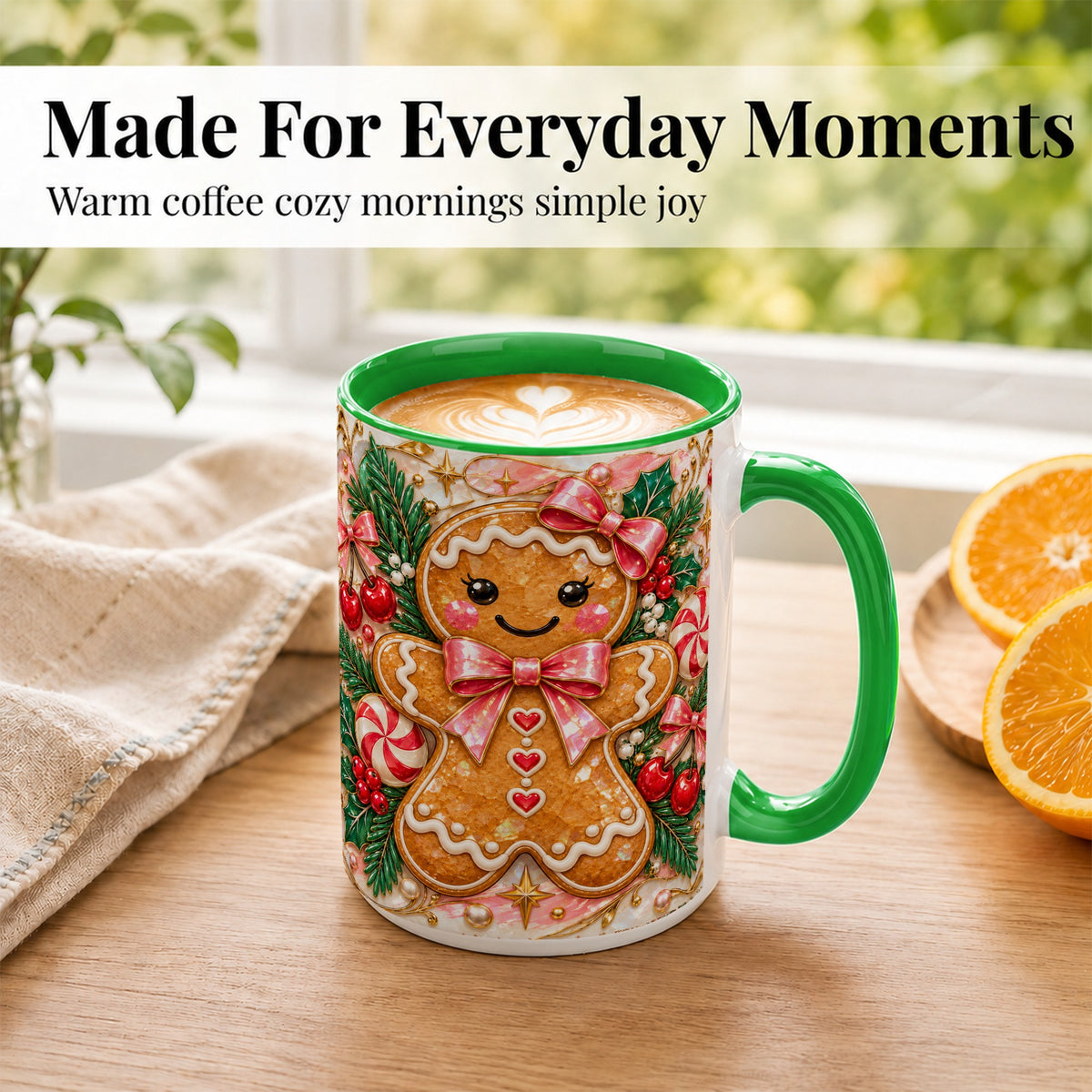 #pl[15oz|Green] Gingerbread Christmas Coffee Mug, Pink Bow Mug, Ceramic Cup