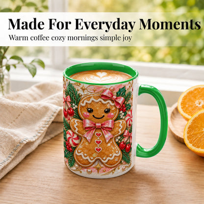 #pl[15oz|Green] Gingerbread Christmas Coffee Mug, Pink Bow Mug, Ceramic Cup