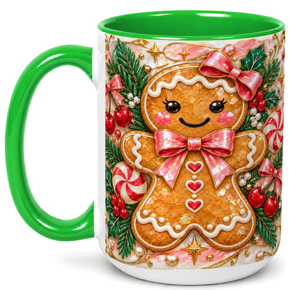 #pl[15oz|Green] Gingerbread Christmas Coffee Mug, Pink Bow Mug, Ceramic Cup
