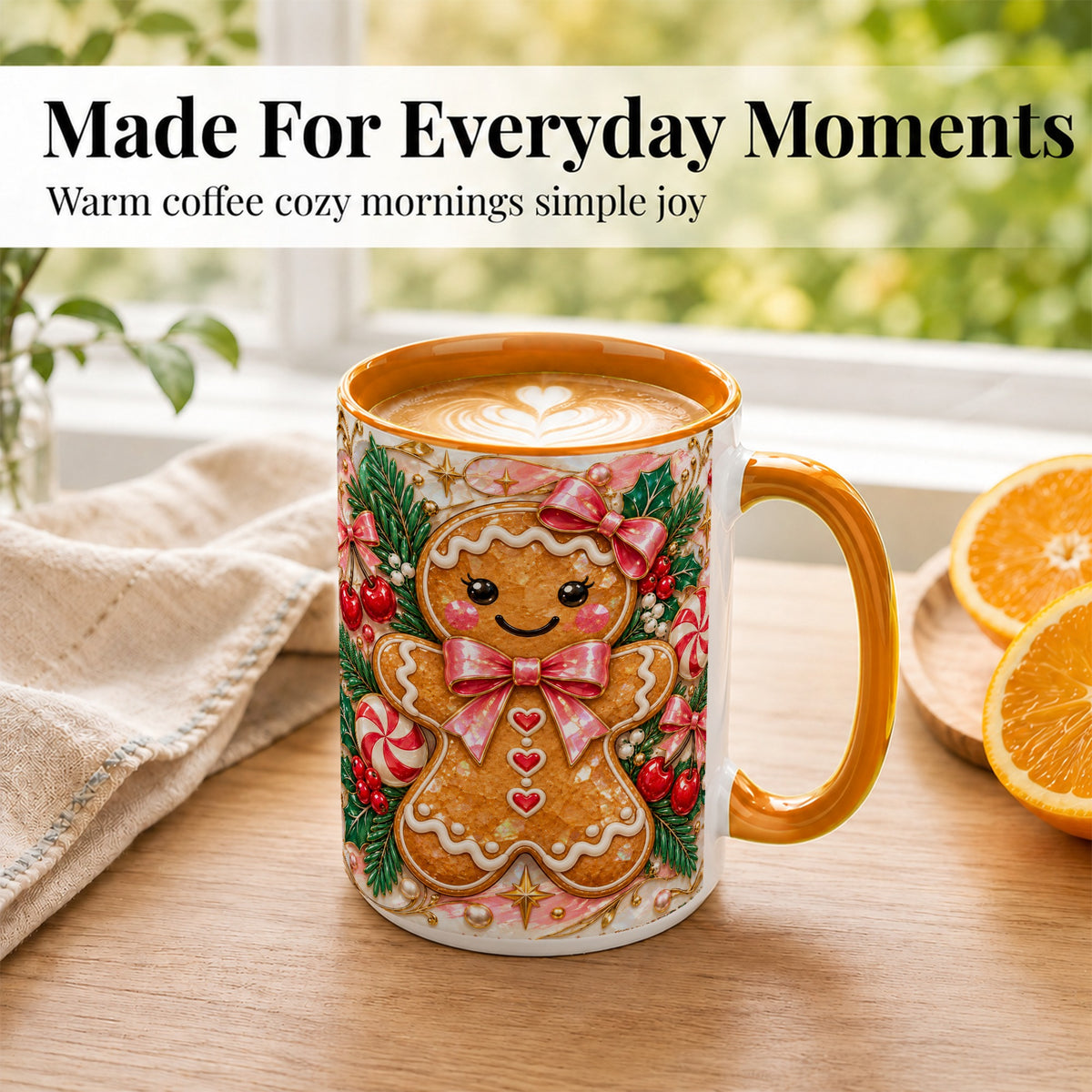#pl[15oz|Orange] Gingerbread Christmas Coffee Mug, Pink Bow Mug, Ceramic Cup