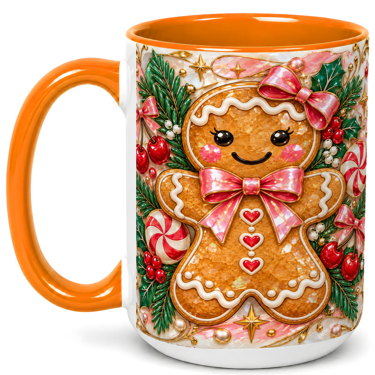 #pl[15oz|Orange] Gingerbread Christmas Coffee Mug, Pink Bow Mug, Ceramic Cup