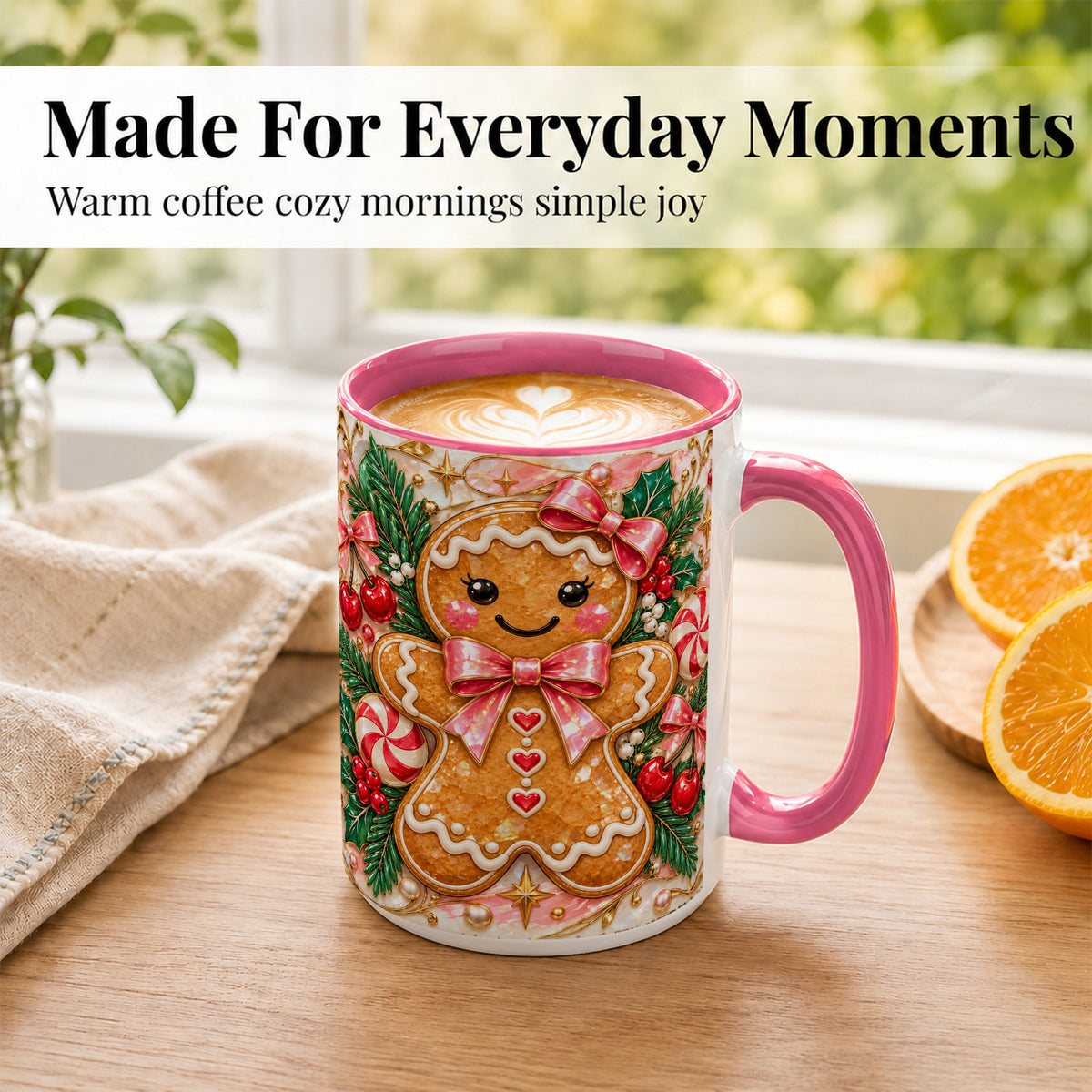 #pl[15oz|Pink] Gingerbread Christmas Coffee Mug, Pink Bow Mug, Ceramic Cup