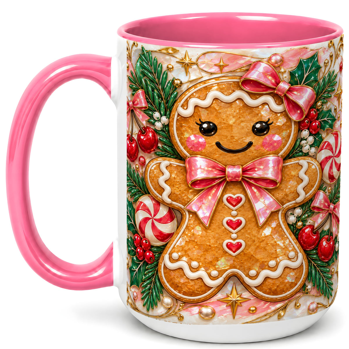 #pl[15oz|Pink] Gingerbread Christmas Coffee Mug, Pink Bow Mug, Ceramic Cup
