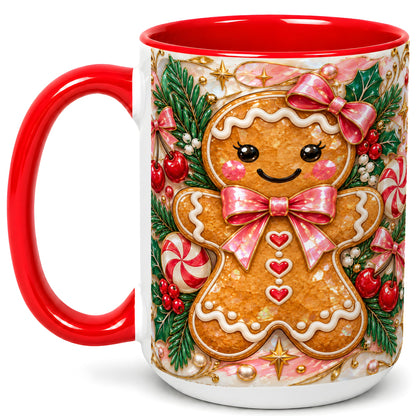 #pl[15oz|Red] Gingerbread Christmas Coffee Mug, Pink Bow Mug, Ceramic Cup