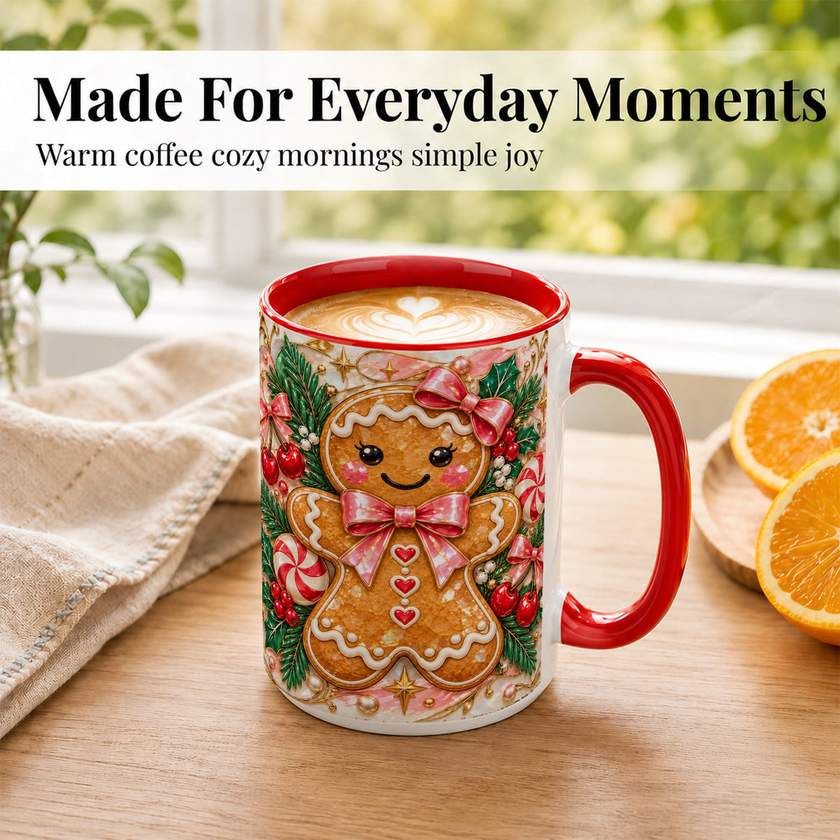 #pl[15oz|Red] Gingerbread Christmas Coffee Mug, Pink Bow Mug, Ceramic Cup