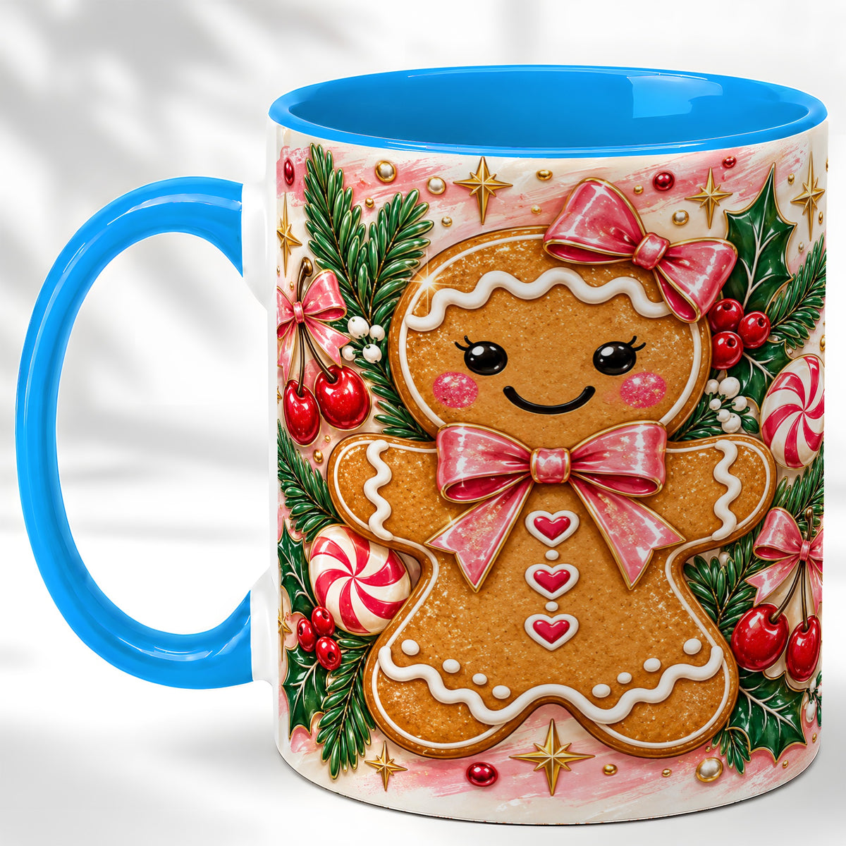 #pl[11oz|Blue] Christmas Gingerbread Coffee Mug, Peppermint Mug, Ceramic Cup