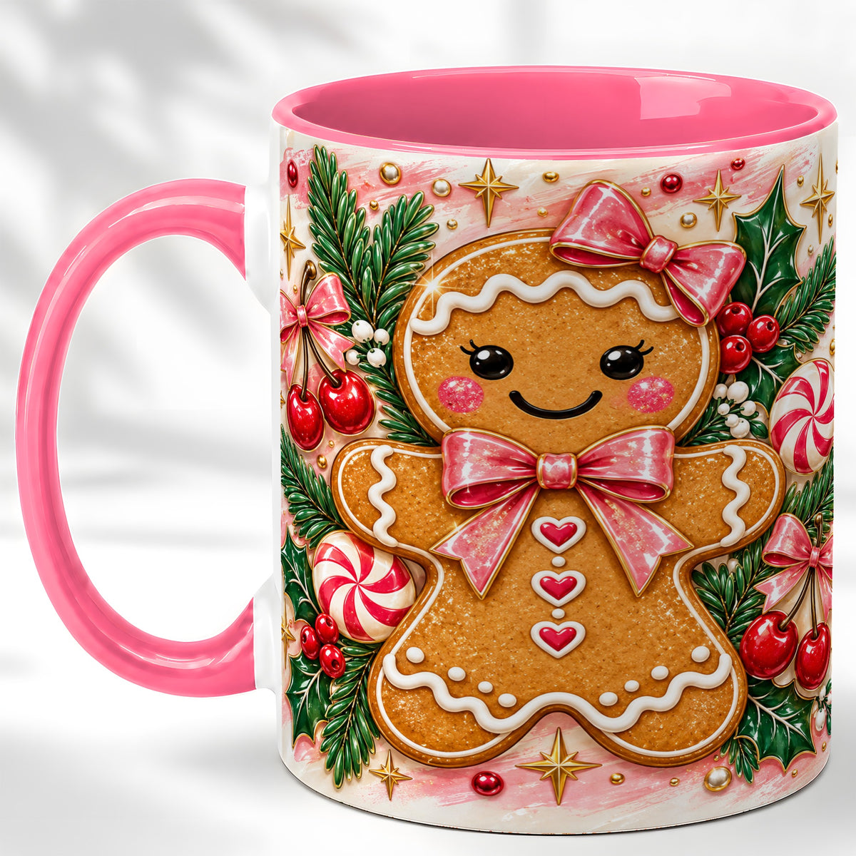 #pl[11oz|Pink] Christmas Gingerbread Coffee Mug, Peppermint Mug, Ceramic Cup
