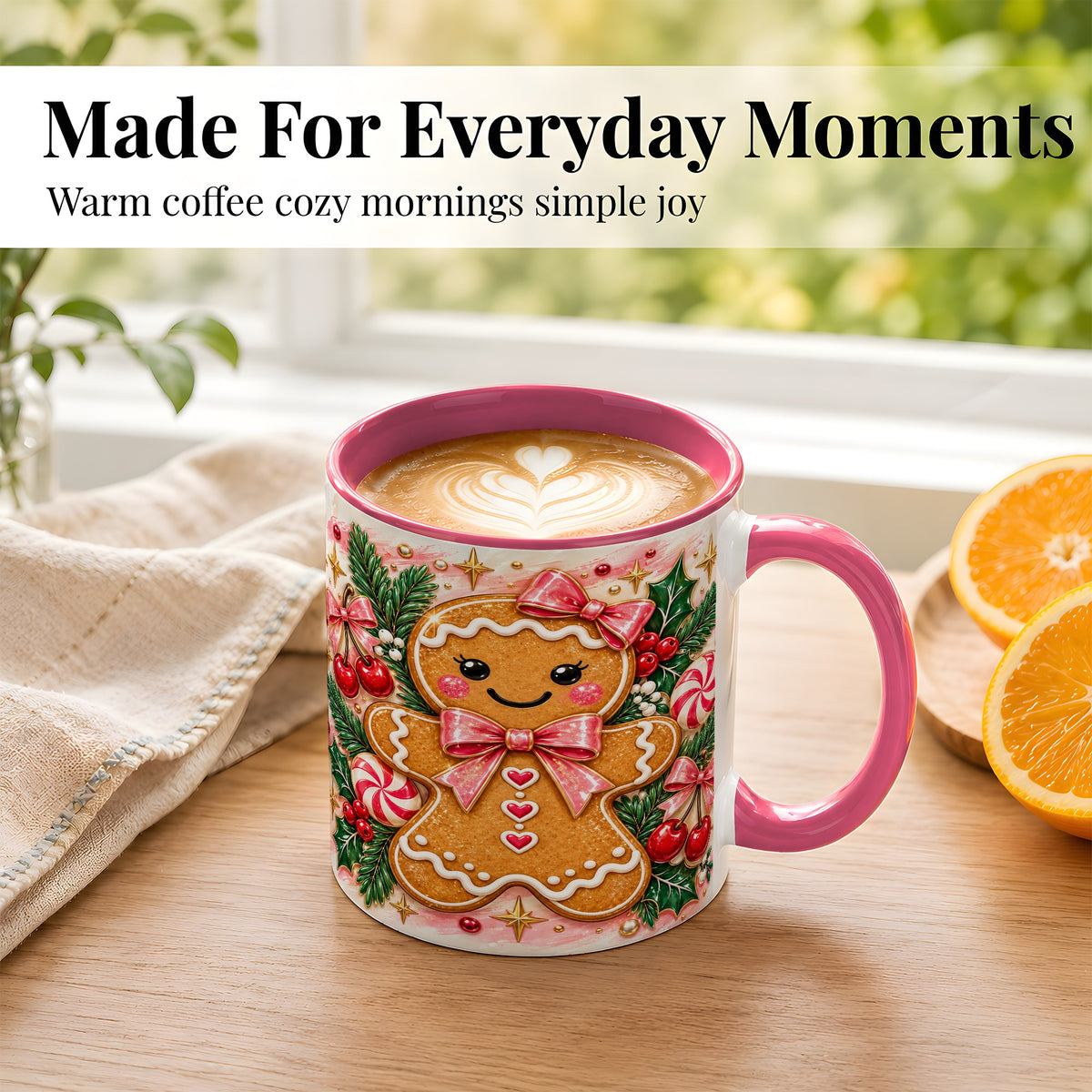 #pl[11oz|Pink] Christmas Gingerbread Coffee Mug, Peppermint Mug, Ceramic Cup
