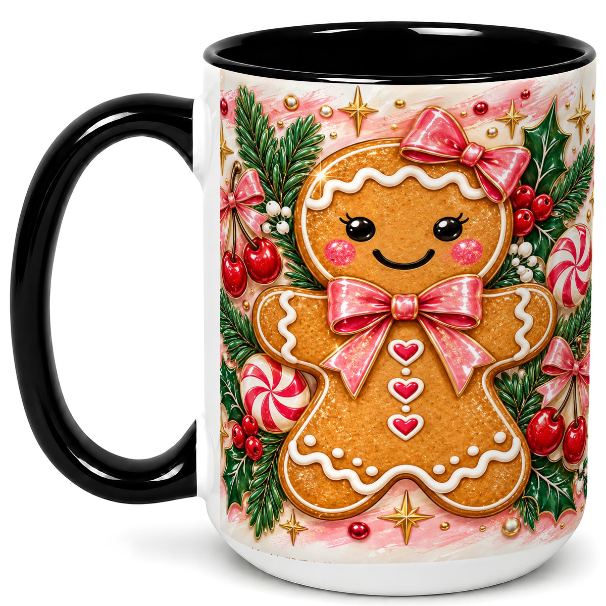 #pl[15oz|Black] Christmas Gingerbread Coffee Mug, Peppermint Mug, Ceramic Cup