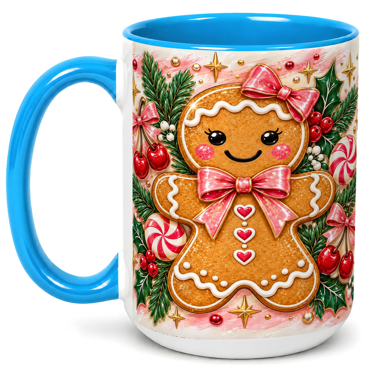 #pl[15oz|Blue] Christmas Gingerbread Coffee Mug, Peppermint Mug, Ceramic Cup