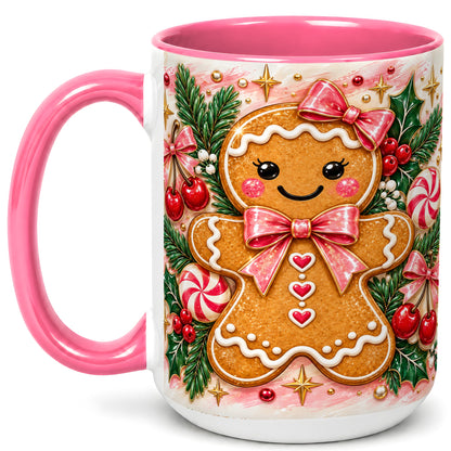 #pl[15oz|Pink] Christmas Gingerbread Coffee Mug, Peppermint Mug, Ceramic Cup