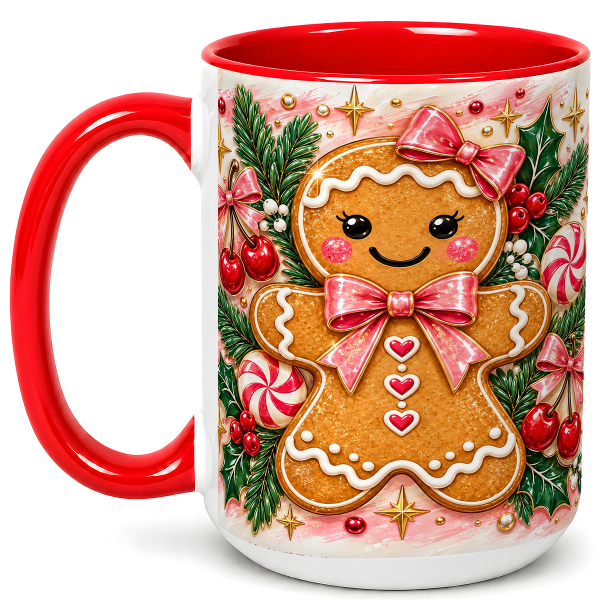 #pl[15oz|Red] Christmas Gingerbread Coffee Mug, Peppermint Mug, Ceramic Cup