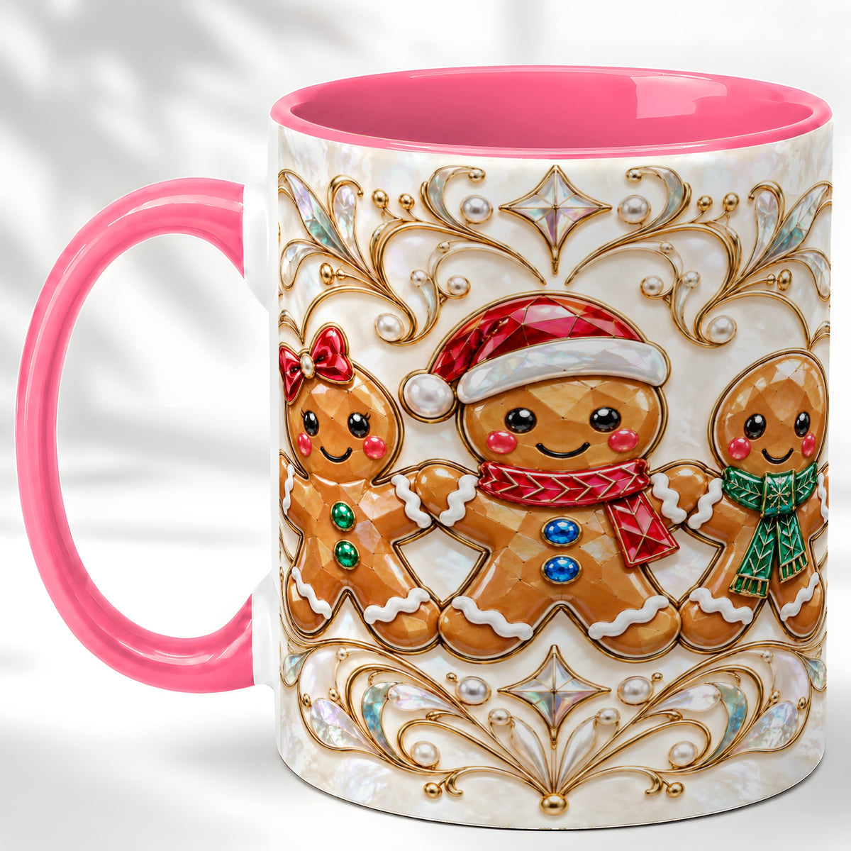 #pl[11oz|Pink] Gingerbread Family Coffee Mug, Christmas Mug, Ceramic Cup