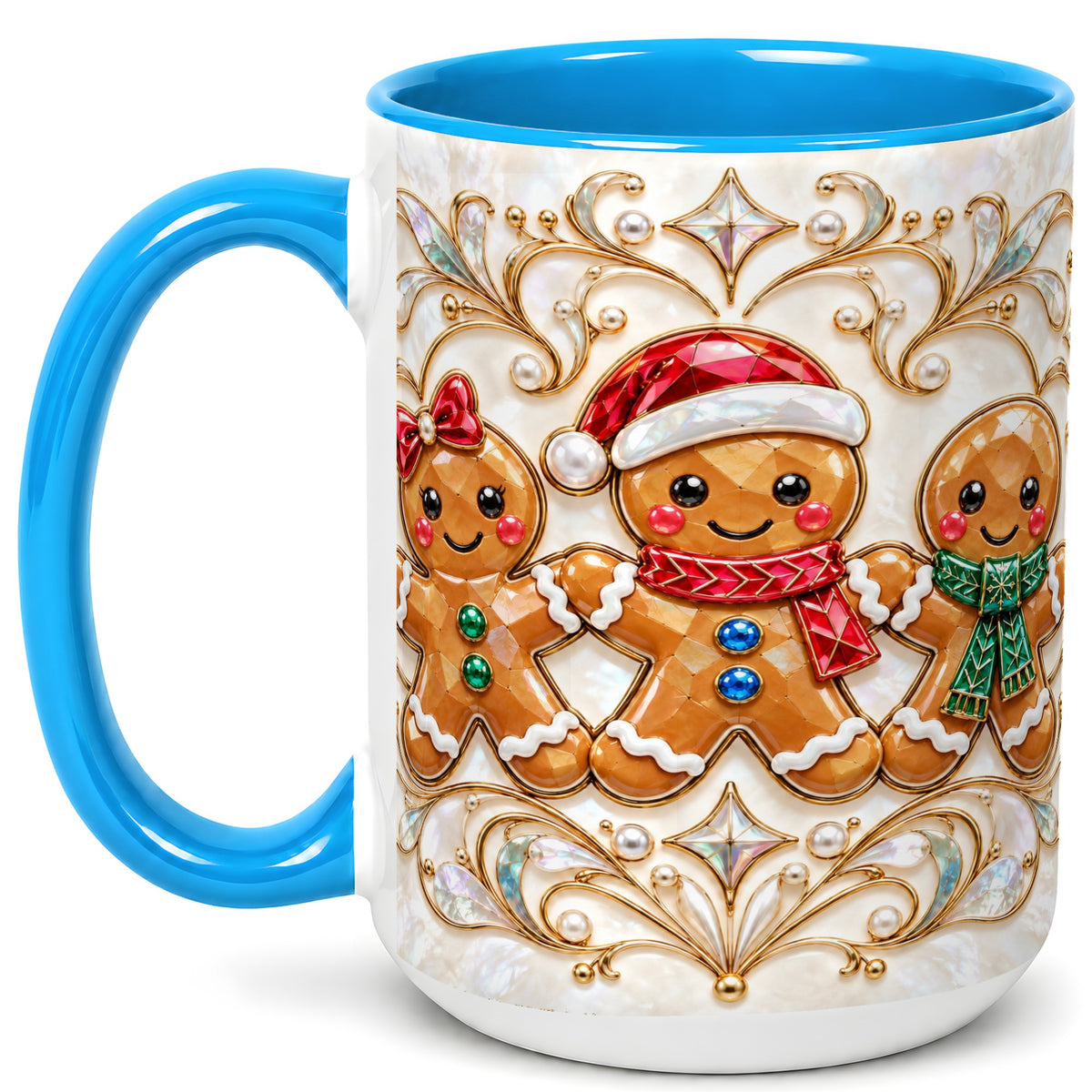 #pl[15oz|Blue] Gingerbread Family Coffee Mug, Christmas Mug, Ceramic Cup
