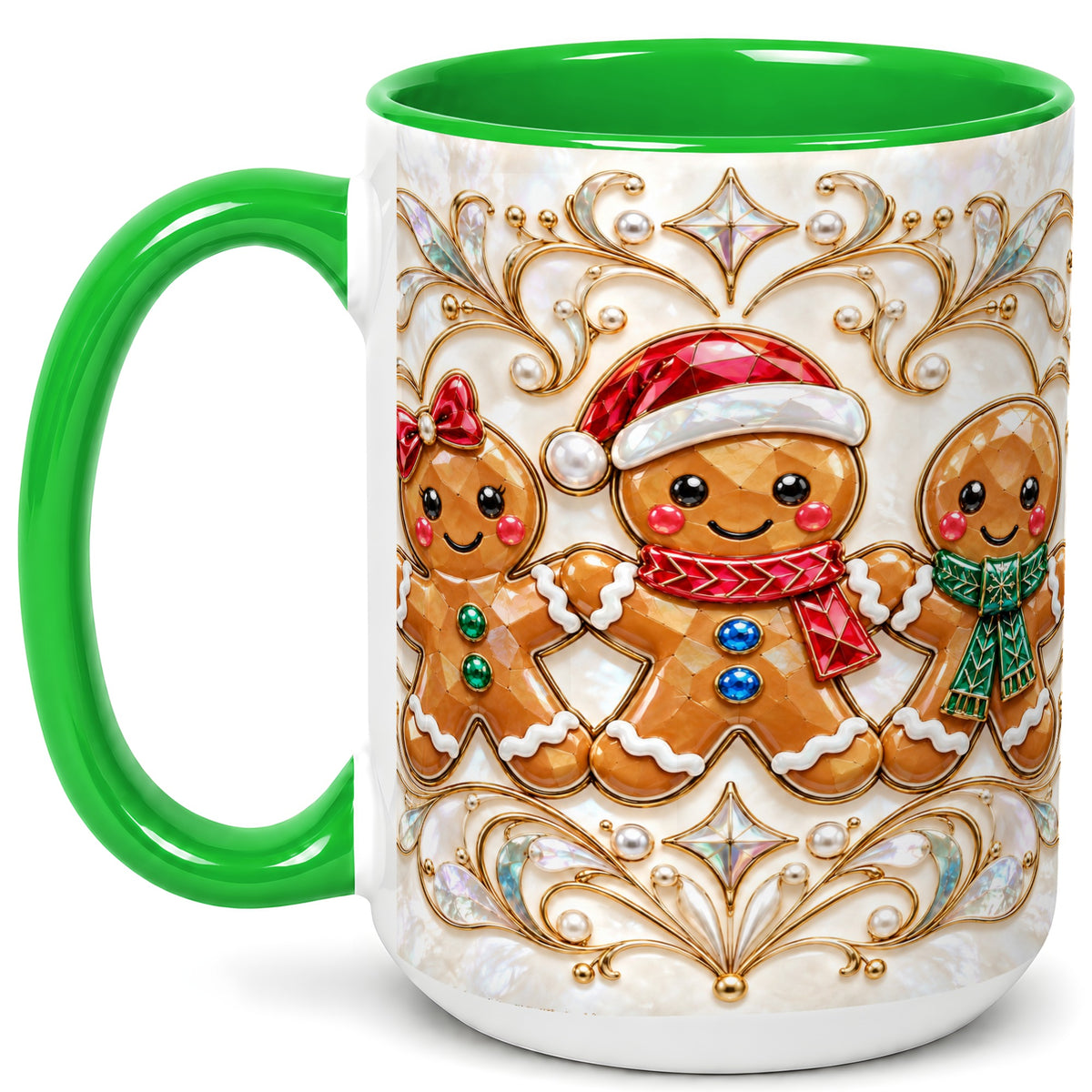 #pl[15oz|Green] Gingerbread Family Coffee Mug, Christmas Mug, Ceramic Cup