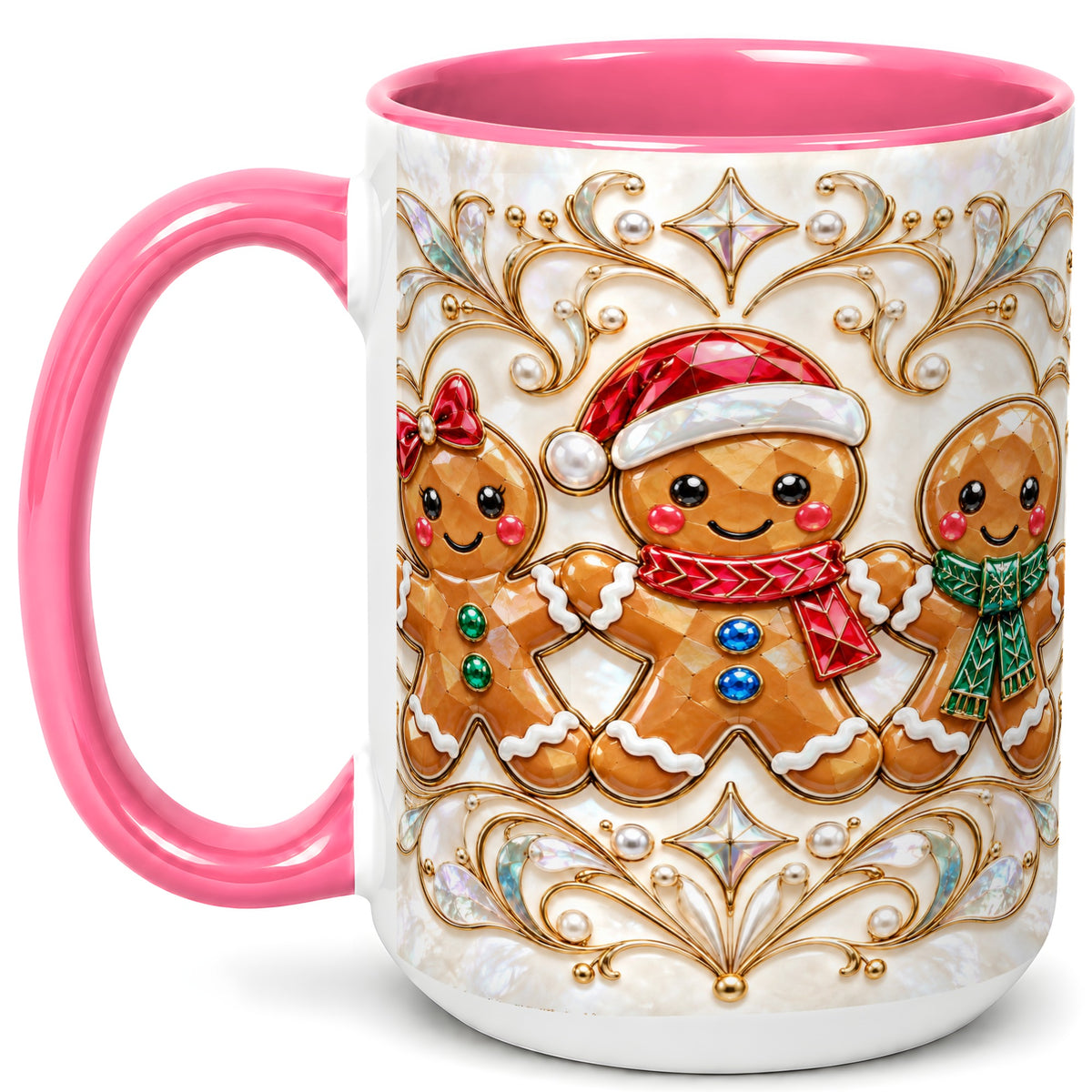 #pl[15oz|Pink] Gingerbread Family Coffee Mug, Christmas Mug, Ceramic Cup