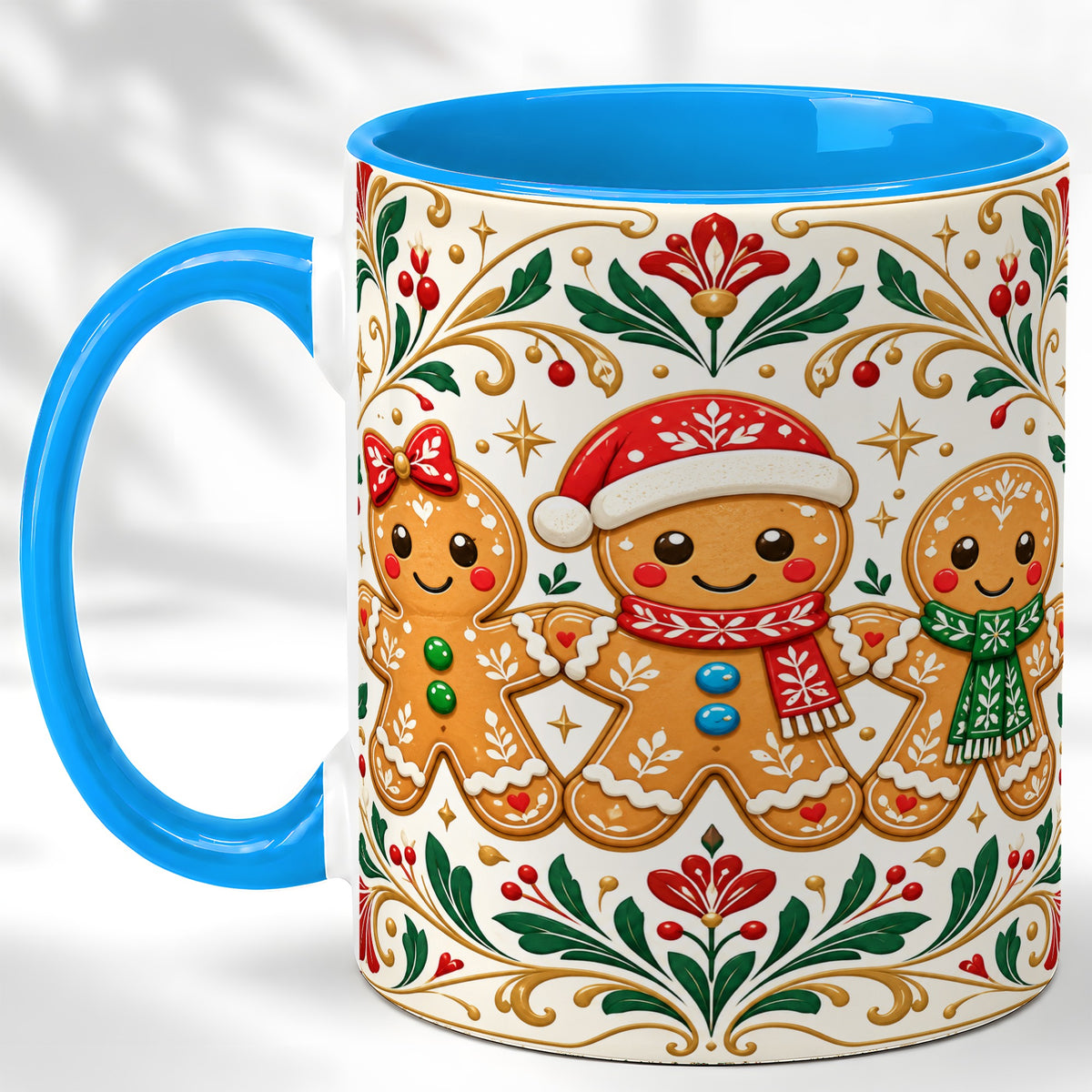 #pl[11oz|Blue] Folk Gingerbread Coffee Mug, Christmas Mug, Ceramic Cup