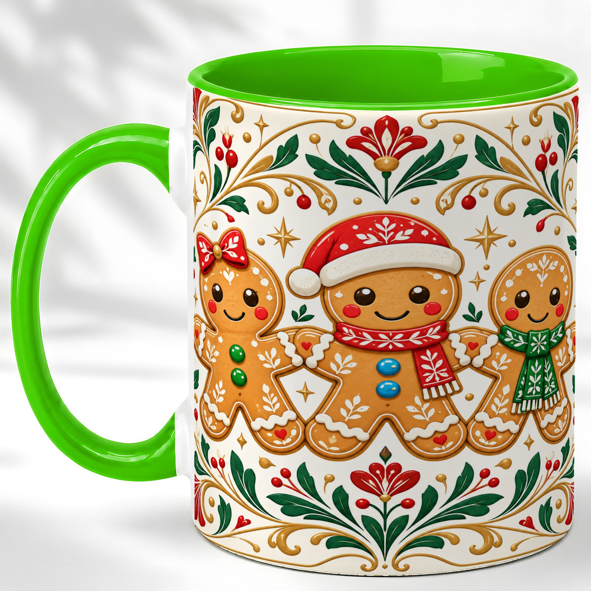 #pl[11oz|Green] Folk Gingerbread Coffee Mug, Christmas Mug, Ceramic Cup