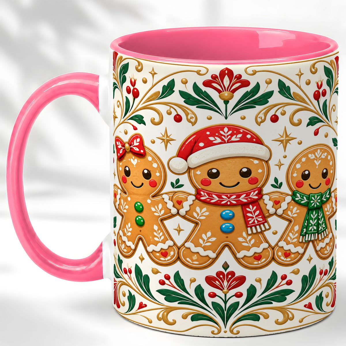#pl[11oz|Pink] Folk Gingerbread Coffee Mug, Christmas Mug, Ceramic Cup