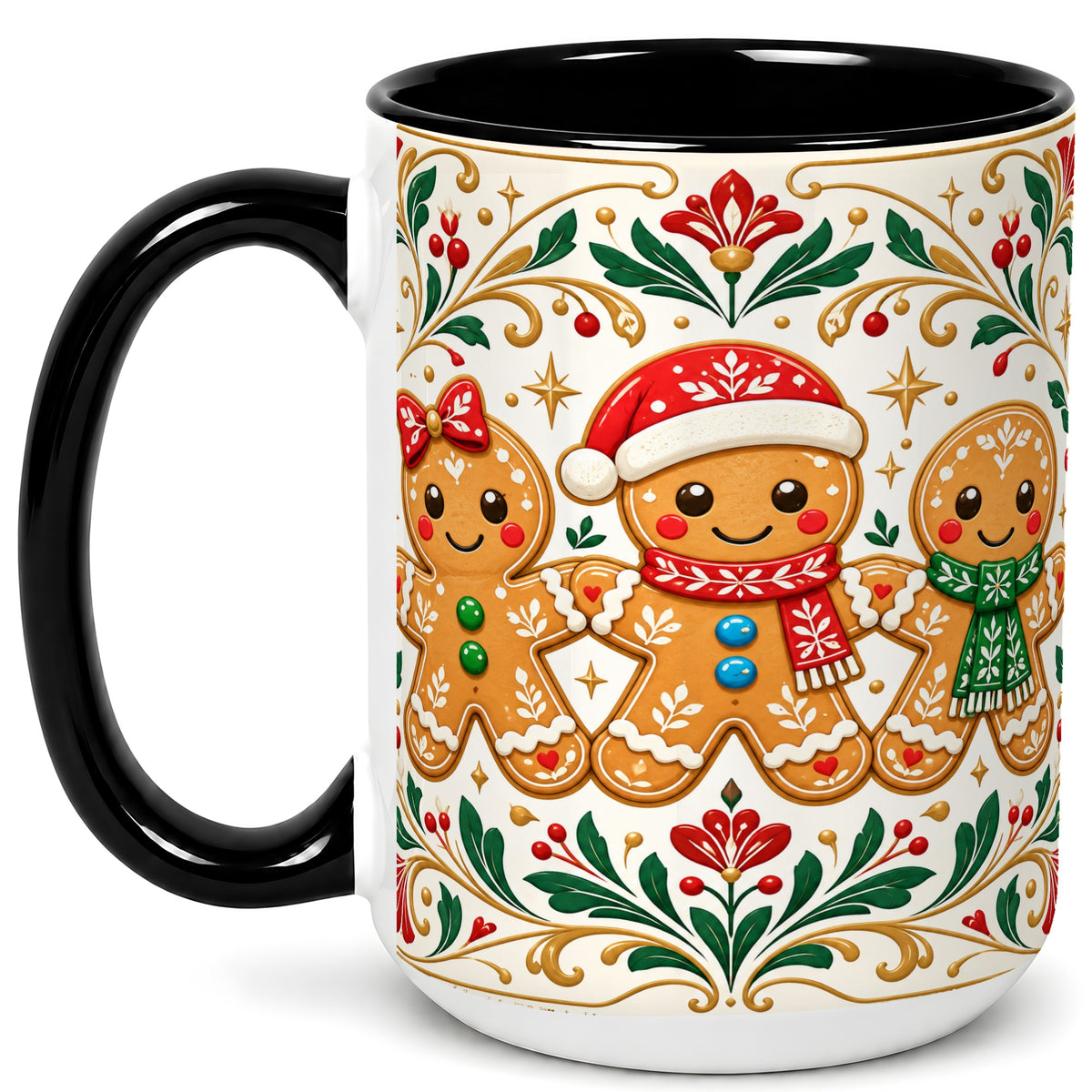 #pl[15oz|Black] Folk Gingerbread Coffee Mug, Christmas Mug, Ceramic Cup