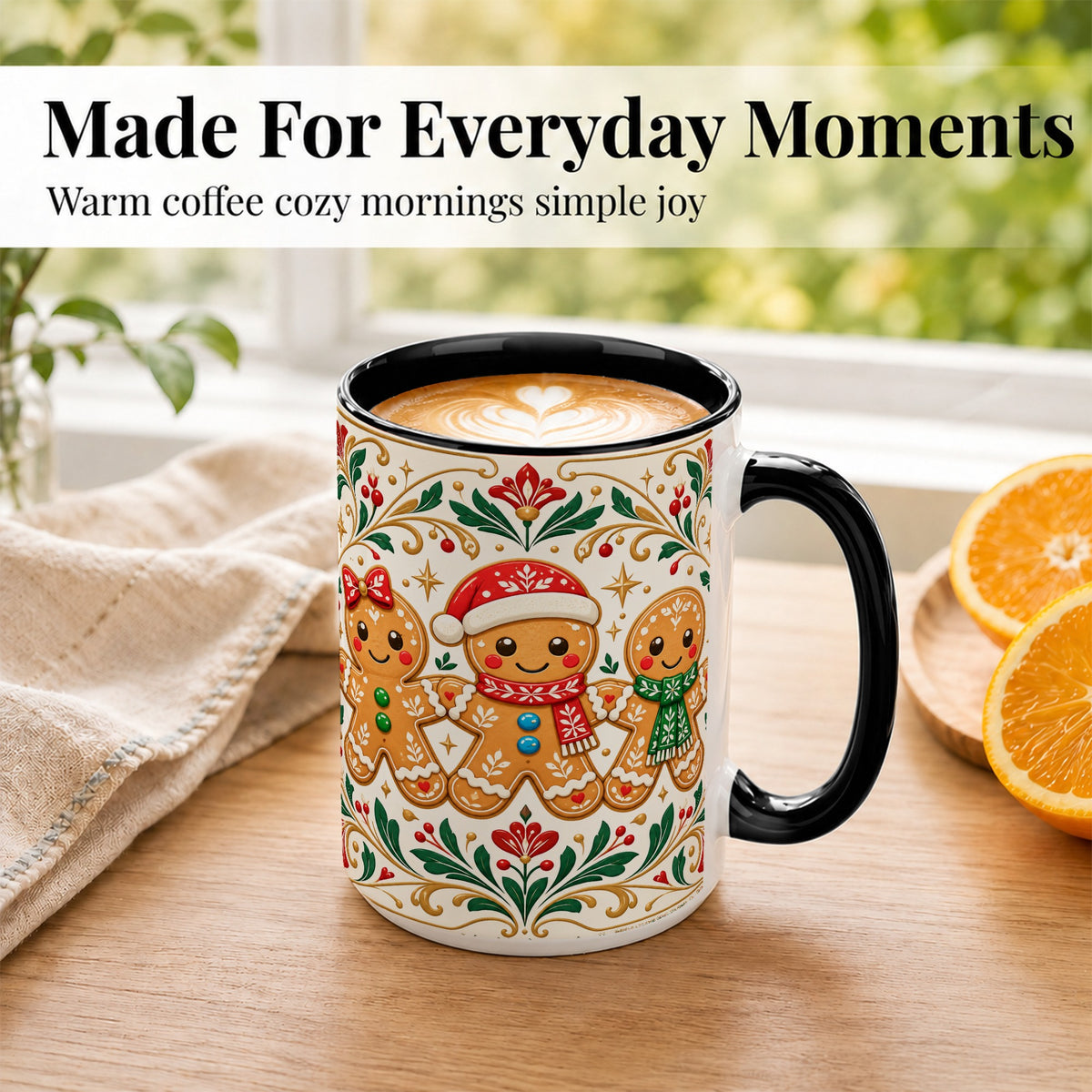 #pl[15oz|Black] Folk Gingerbread Coffee Mug, Christmas Mug, Ceramic Cup