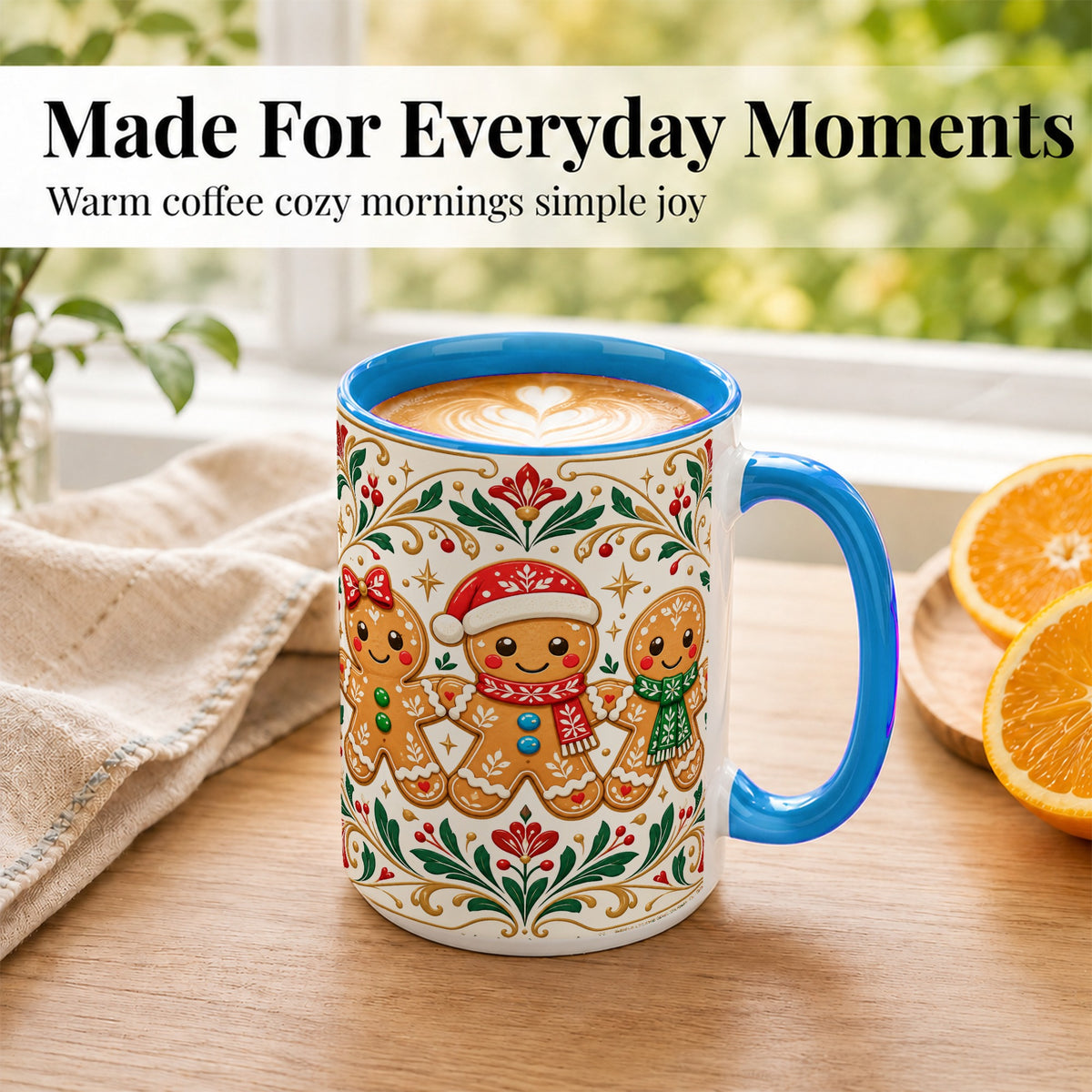 #pl[15oz|Blue] Folk Gingerbread Coffee Mug, Christmas Mug, Ceramic Cup