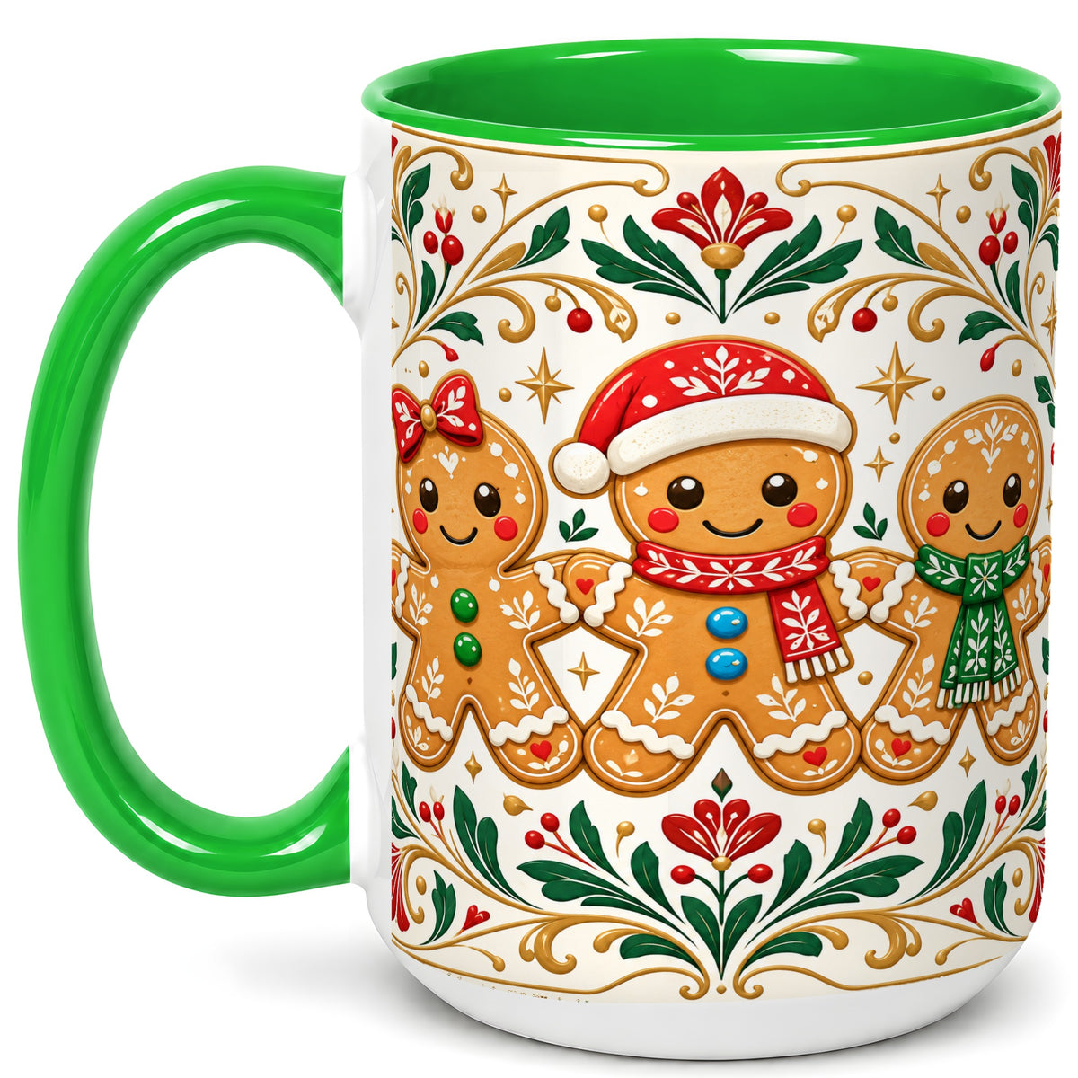 #pl[15oz|Green] Folk Gingerbread Coffee Mug, Christmas Mug, Ceramic Cup