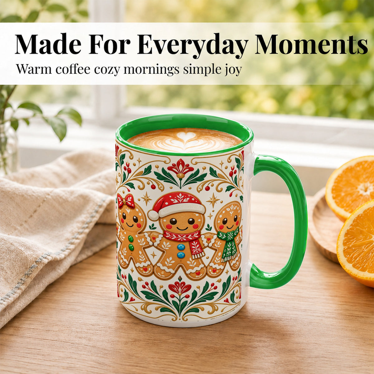 #pl[15oz|Green] Folk Gingerbread Coffee Mug, Christmas Mug, Ceramic Cup