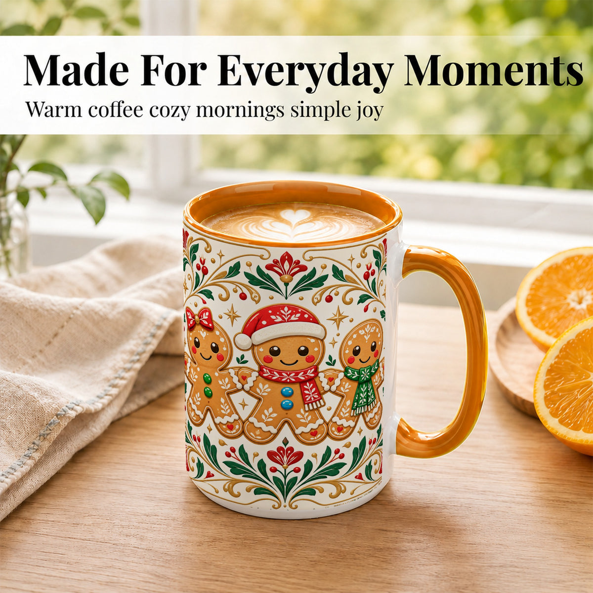 #pl[15oz|Orange] Folk Gingerbread Coffee Mug, Christmas Mug, Ceramic Cup
