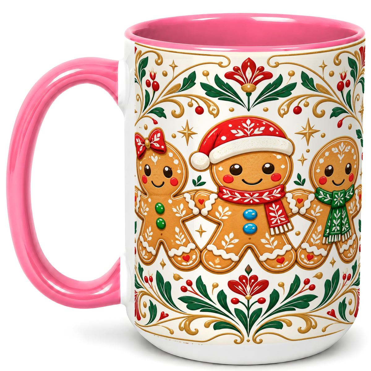 #pl[15oz|Pink] Folk Gingerbread Coffee Mug, Christmas Mug, Ceramic Cup