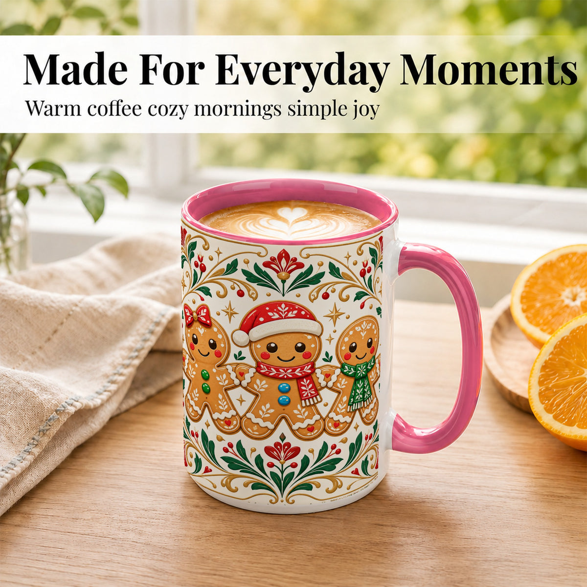 #pl[15oz|Pink] Folk Gingerbread Coffee Mug, Christmas Mug, Ceramic Cup
