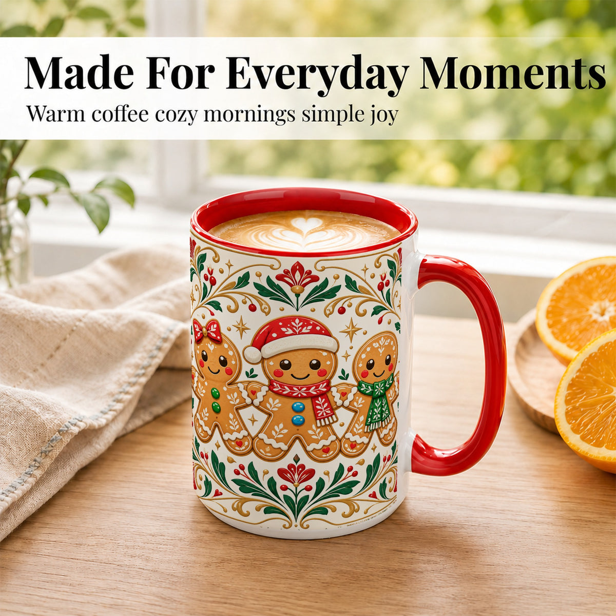#pl[15oz|Red] Folk Gingerbread Coffee Mug, Christmas Mug, Ceramic Cup
