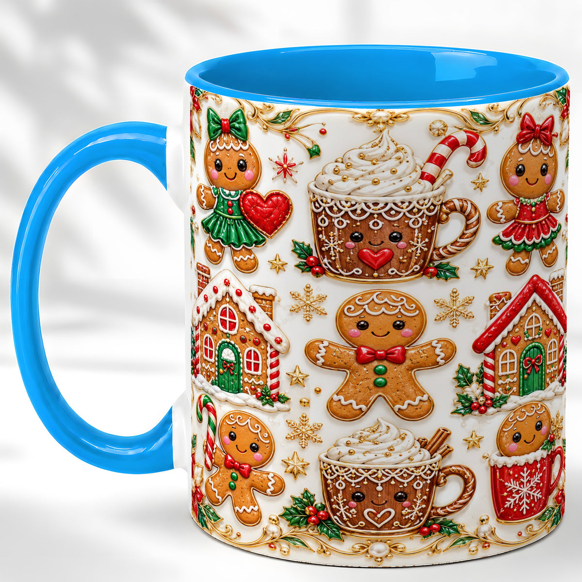 #pl[11oz|Blue] Gingerbread Village Coffee Mug, Christmas Mug, Ceramic Cup