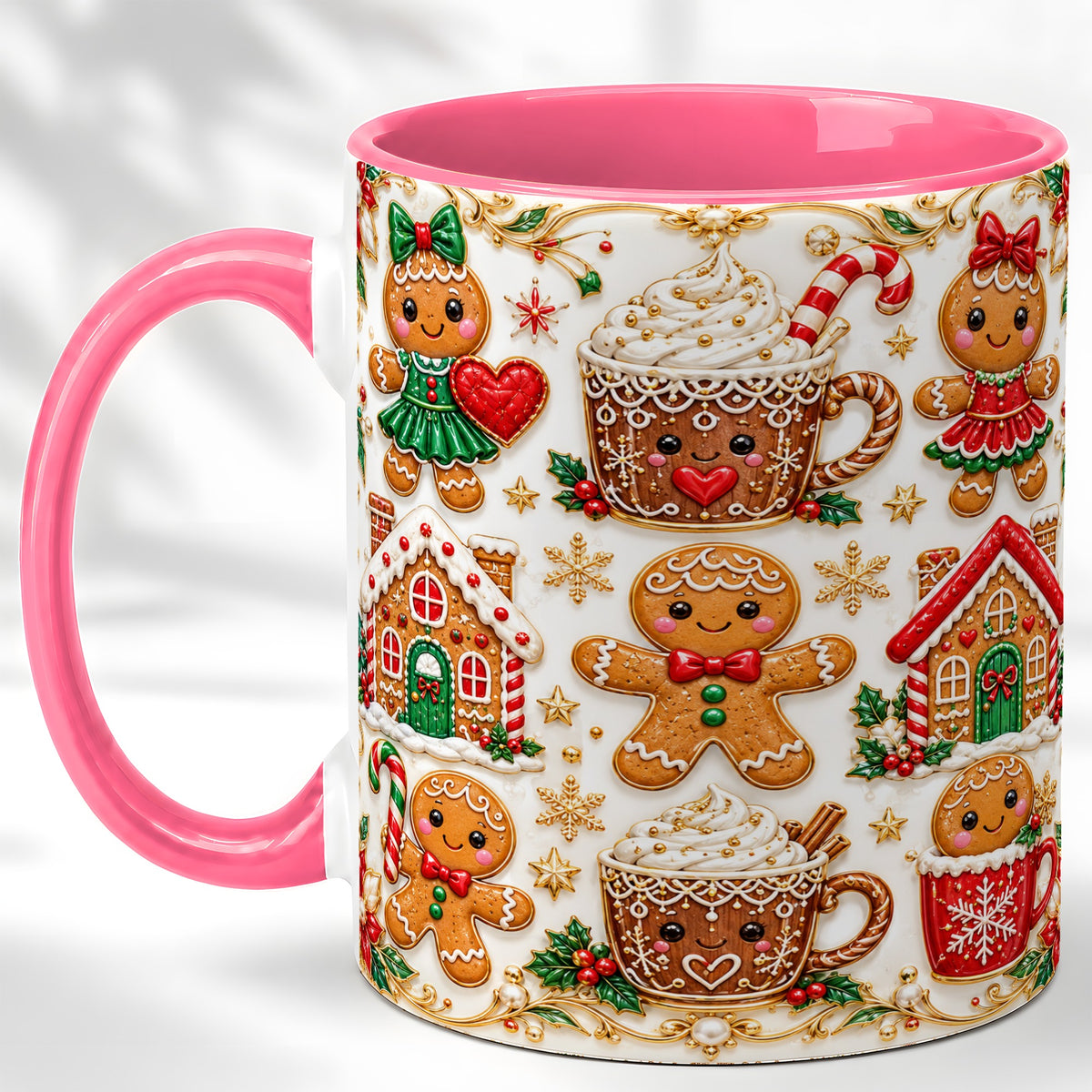 #pl[11oz|Pink] Gingerbread Village Coffee Mug, Christmas Mug, Ceramic Cup