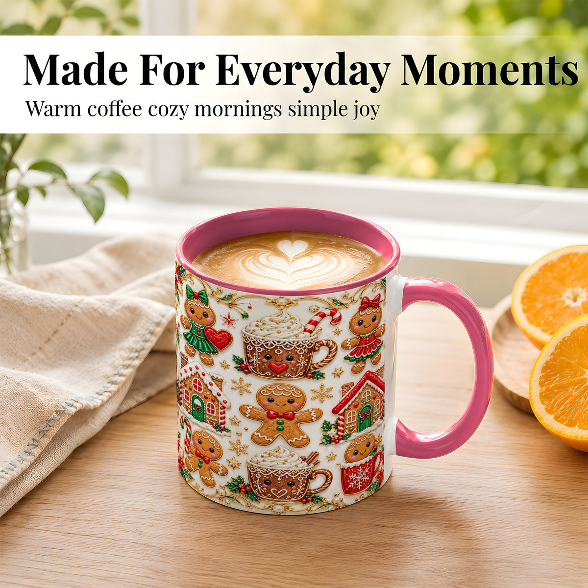 #pl[11oz|Pink] Gingerbread Village Coffee Mug, Christmas Mug, Ceramic Cup