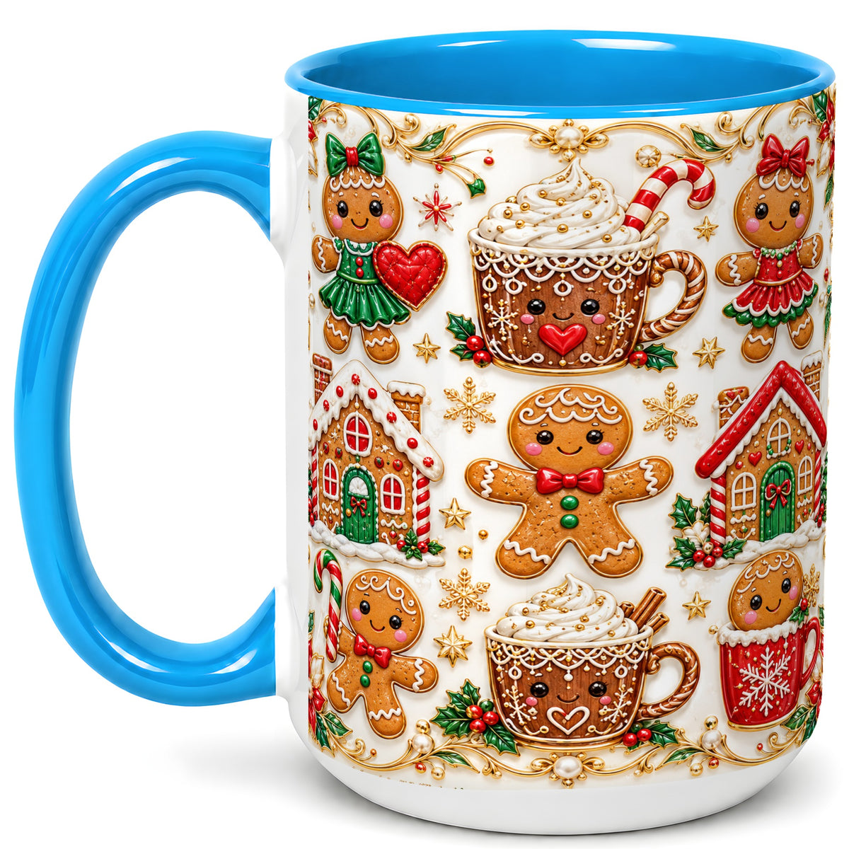 #pl[15oz|Blue] Gingerbread Village Coffee Mug, Christmas Mug, Ceramic Cup