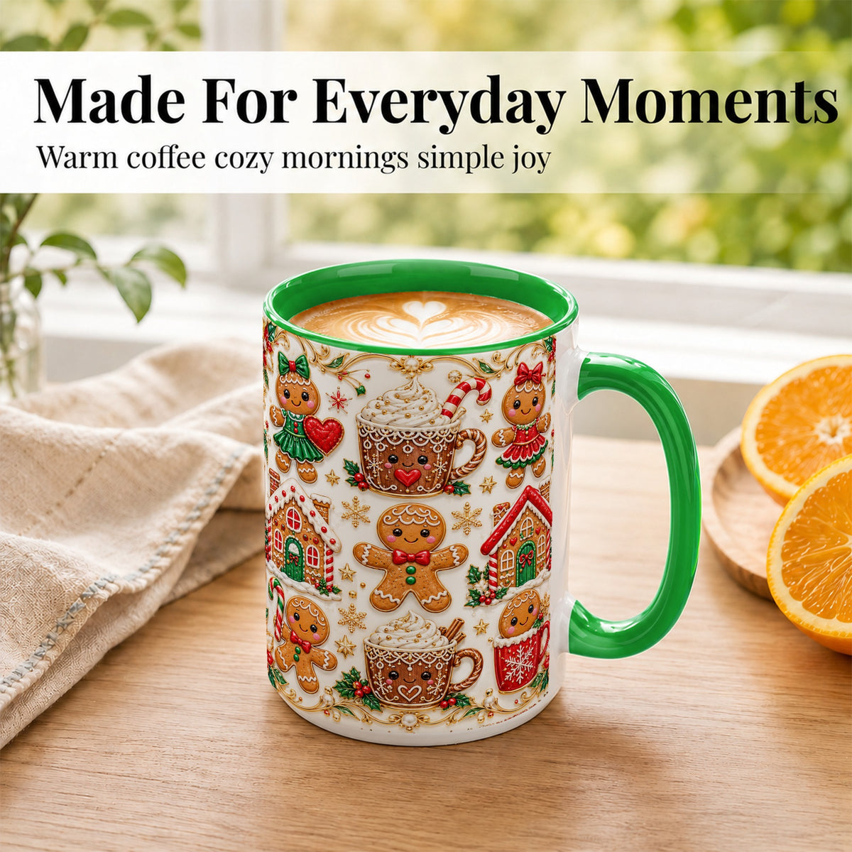 #pl[15oz|Green] Gingerbread Village Coffee Mug, Christmas Mug, Ceramic Cup