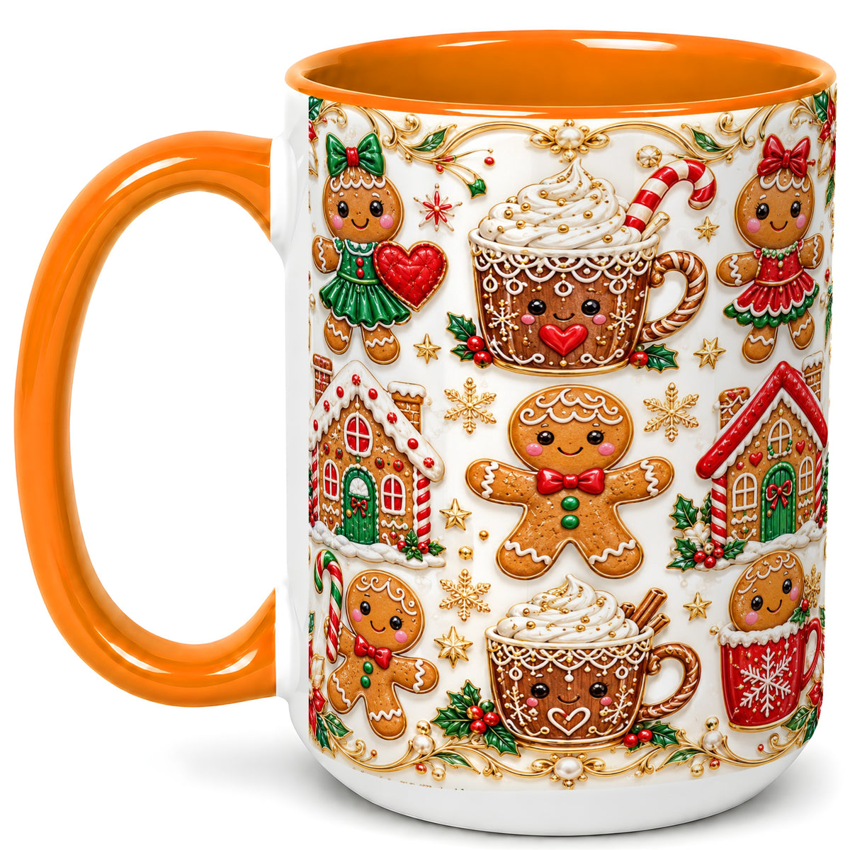 #pl[15oz|Orange] Gingerbread Village Coffee Mug, Christmas Mug, Ceramic Cup