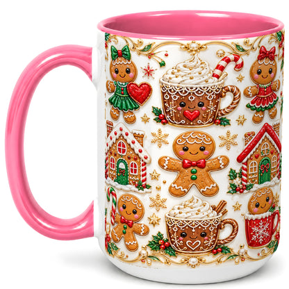 #pl[15oz|Pink] Gingerbread Village Coffee Mug, Christmas Mug, Ceramic Cup
