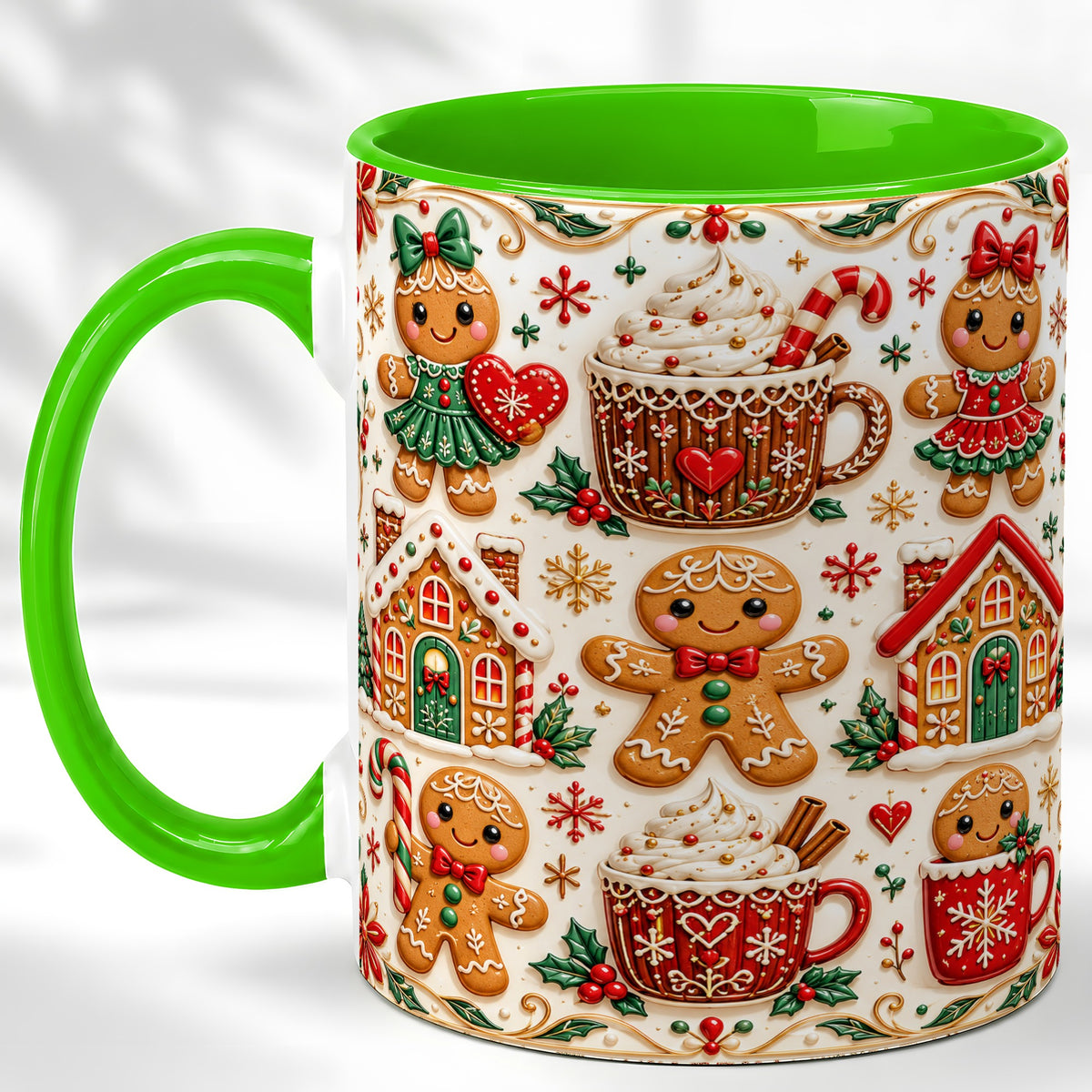 #pl[11oz|Green] Gingerbread Christmas Coffee Mug, Holiday Gingerbread Mug, Ceramic Cup