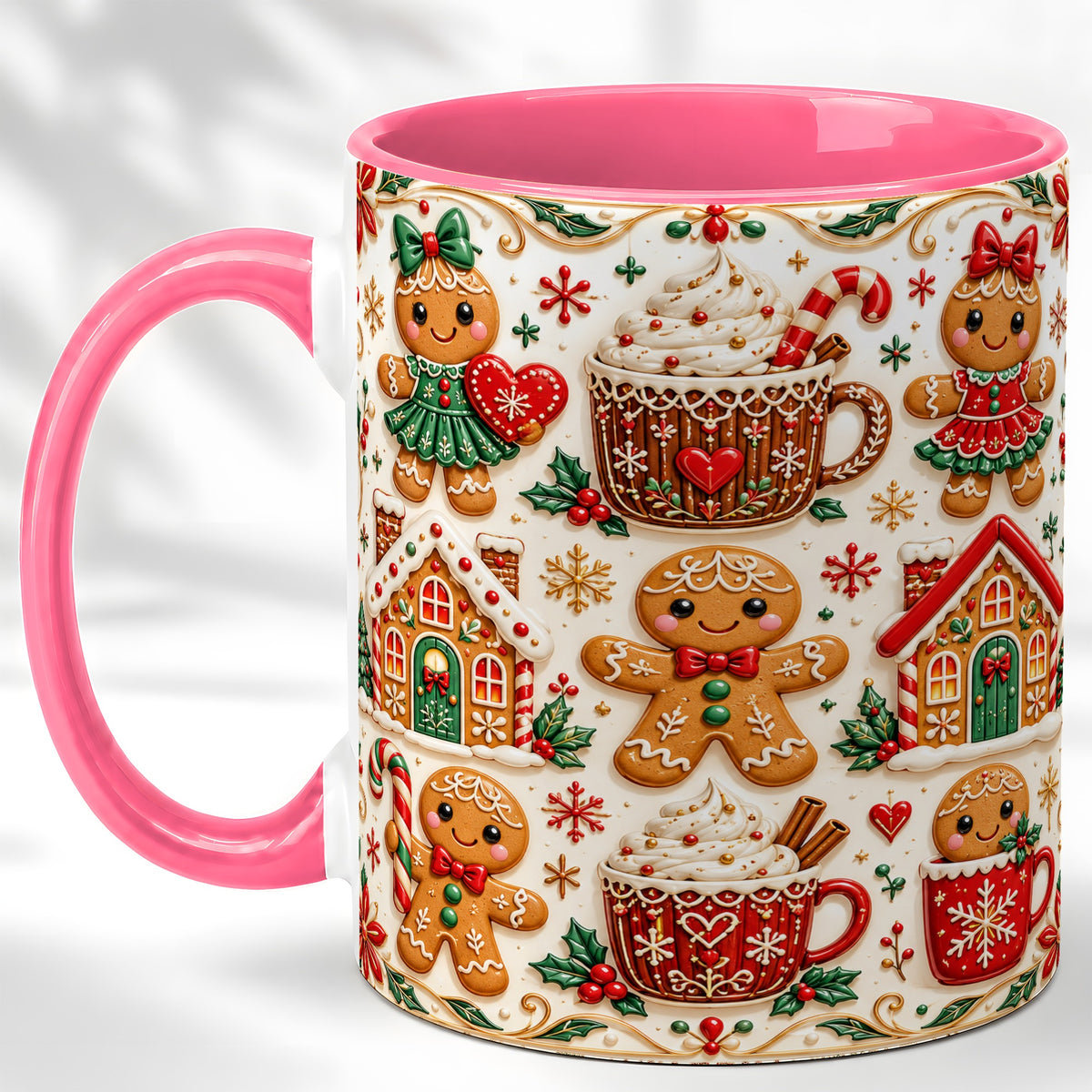 #pl[11oz|Pink] Gingerbread Christmas Coffee Mug, Holiday Gingerbread Mug, Ceramic Cup