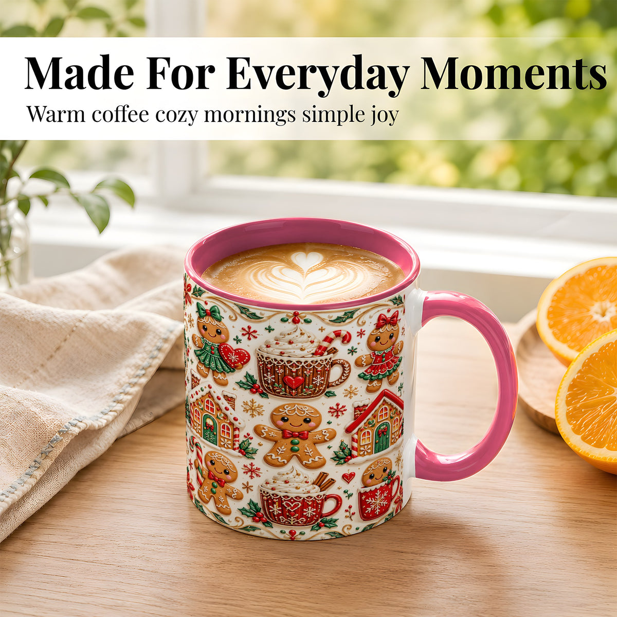 #pl[11oz|Pink] Gingerbread Christmas Coffee Mug, Holiday Gingerbread Mug, Ceramic Cup
