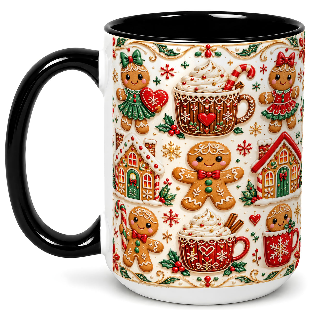#pl[15oz|Black] Gingerbread Christmas Coffee Mug, Holiday Gingerbread Mug, Ceramic Cup